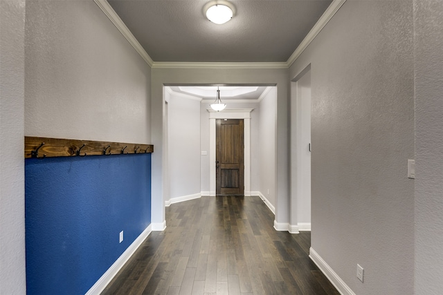 corridor with dark hardwood / wood-style floors and ornamental molding