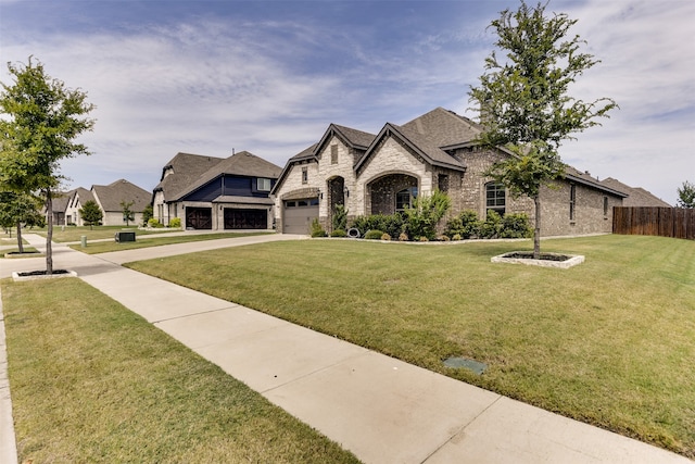 french country home with a front lawn and a garage