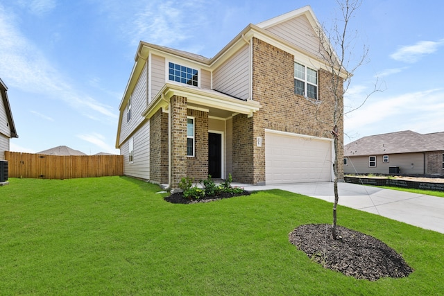 front facade featuring a garage, central air condition unit, and a front yard