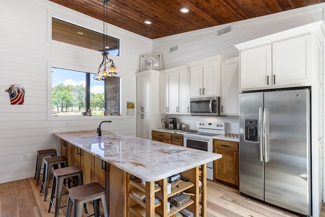 kitchen with stainless steel appliances, wooden ceiling, white cabinets, light stone countertops, and a kitchen island with sink