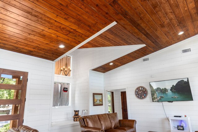 living room with lofted ceiling and wooden ceiling