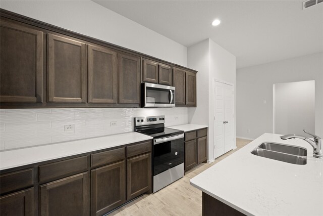 3476 N Crowley Cleburne Rd, Fort Worth, TX 76123 - kitchen with sink, tasteful backsplash, dark brown cabinets, light wood-type flooring, and appliances with stainless steel finishes