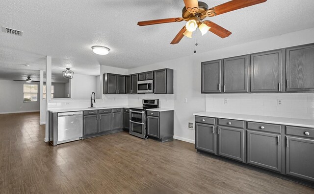 kitchen featuring sink, appliances with stainless steel finishes, dark hardwood / wood-style floors, a textured ceiling, and ceiling fan