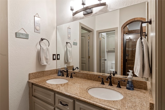 bathroom featuring toilet and dual bowl vanity