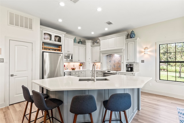 kitchen with sink, backsplash, a spacious island, and stainless steel appliances