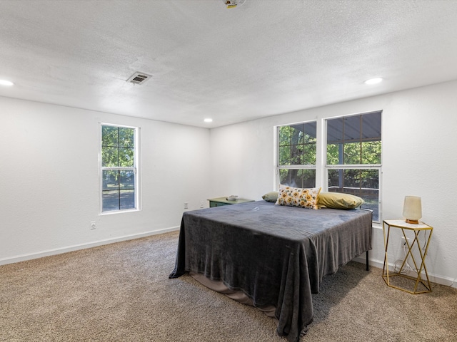 bedroom with carpet flooring and a textured ceiling