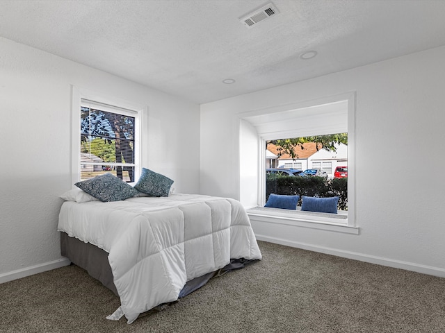 bedroom featuring carpet flooring and a textured ceiling