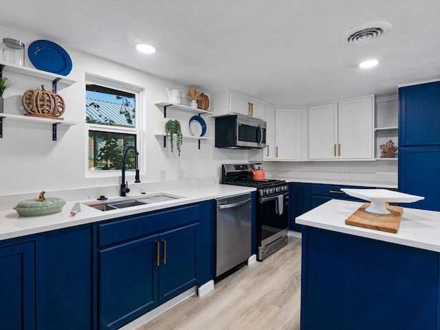 kitchen featuring blue cabinets, sink, appliances with stainless steel finishes, light hardwood / wood-style floors, and white cabinetry