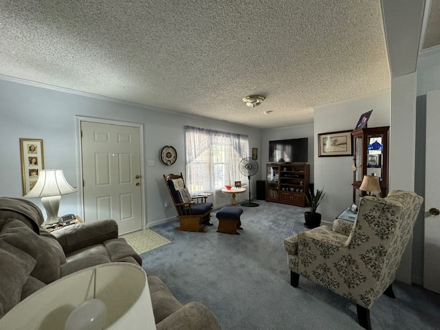 living room with crown molding, a textured ceiling, and carpet flooring