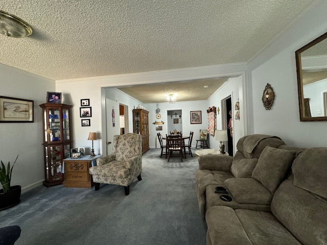 carpeted living room with a textured ceiling and crown molding