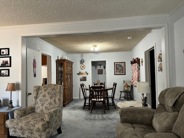 carpeted living room featuring a textured ceiling and ornamental molding