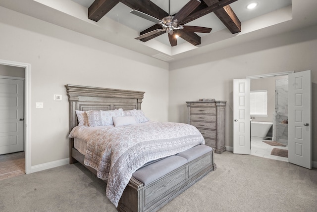 tiled bedroom featuring beam ceiling, ceiling fan, and ensuite bathroom