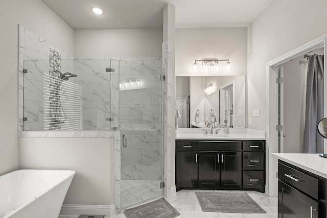 bathroom featuring tile patterned flooring, plus walk in shower, and vanity