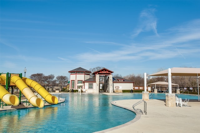 view of pool featuring a water slide and a playground