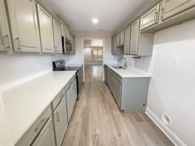 kitchen with sink, light wood-type flooring, gray cabinetry, stainless steel appliances, and tasteful backsplash