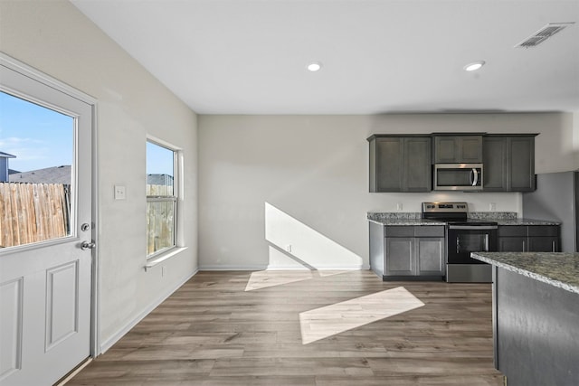 kitchen with dark wood-type flooring, stainless steel appliances, and stone counters