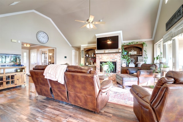 living room featuring a fireplace, plenty of natural light, and wood-type flooring