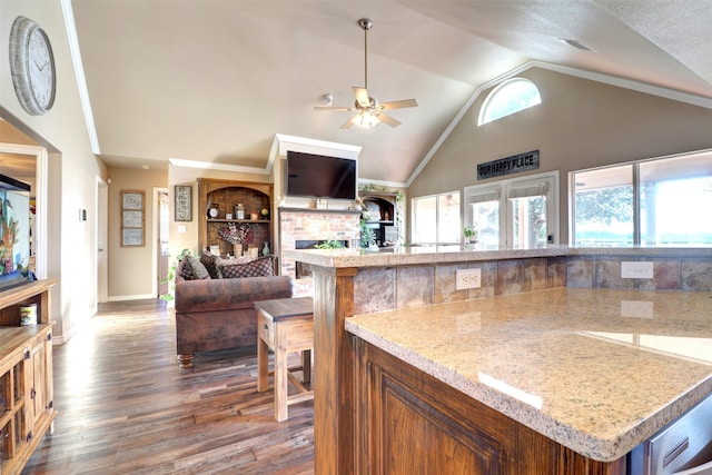 kitchen featuring ceiling fan, dark wood-type flooring, vaulted ceiling, and a wealth of natural light