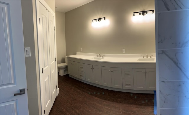 bathroom with vanity, toilet, and hardwood / wood-style floors