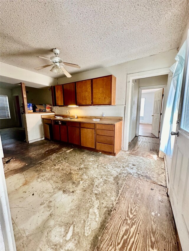 kitchen with ceiling fan, sink, a textured ceiling, and hardwood / wood-style flooring