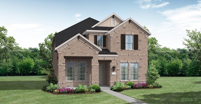 craftsman-style house featuring roof with shingles, a front lawn, and brick siding