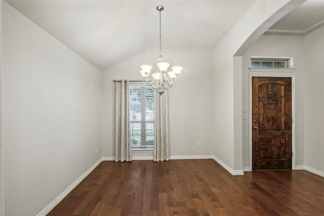 unfurnished dining area featuring lofted ceiling, a chandelier, and dark hardwood / wood-style flooring