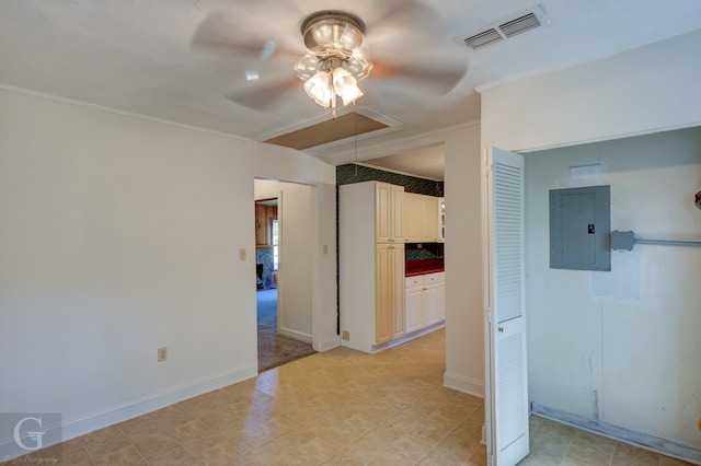 unfurnished room featuring ceiling fan, electric panel, and light tile patterned floors