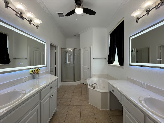 bathroom with vanity, shower with separate bathtub, tile patterned flooring, ornamental molding, and ceiling fan