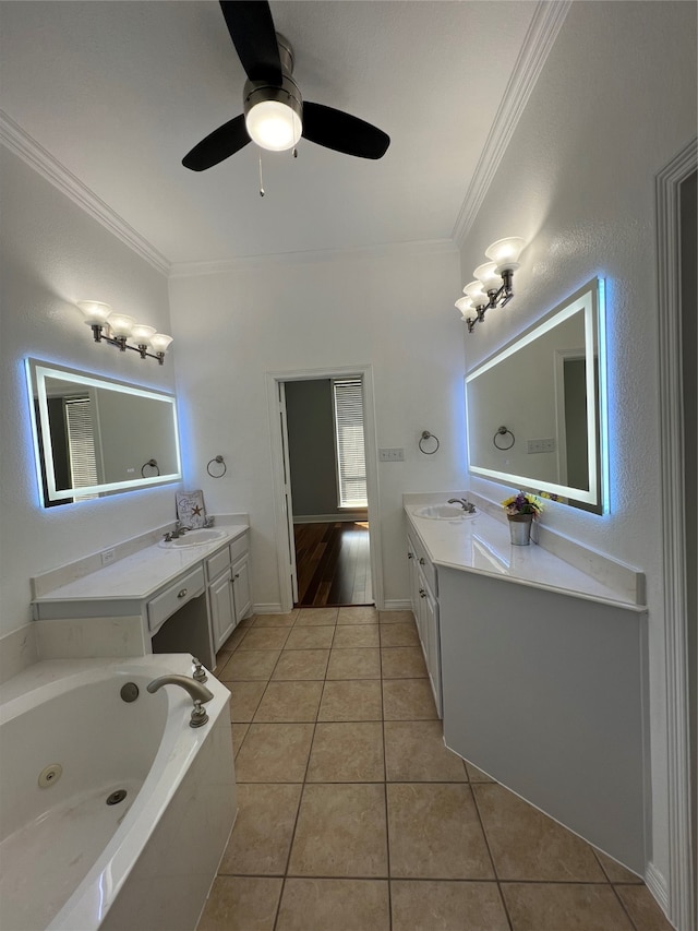 bathroom featuring ornamental molding, wood-type flooring, double sink vanity, and ceiling fan