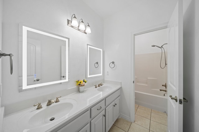 bathroom featuring shower / tub combination, dual vanity, and tile patterned flooring