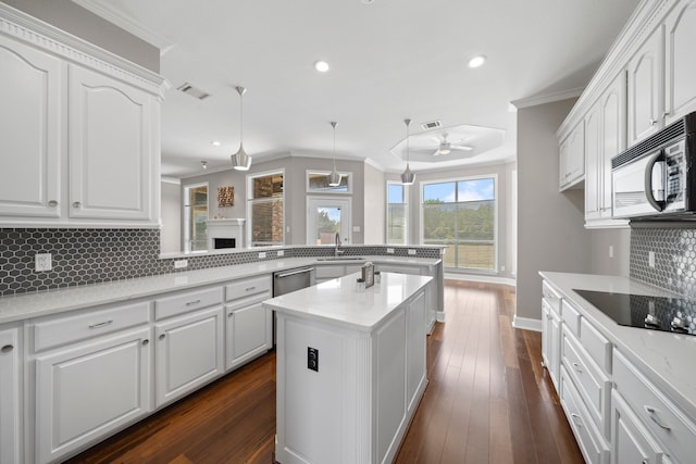 kitchen featuring appliances with stainless steel finishes, dark hardwood / wood-style flooring, and backsplash