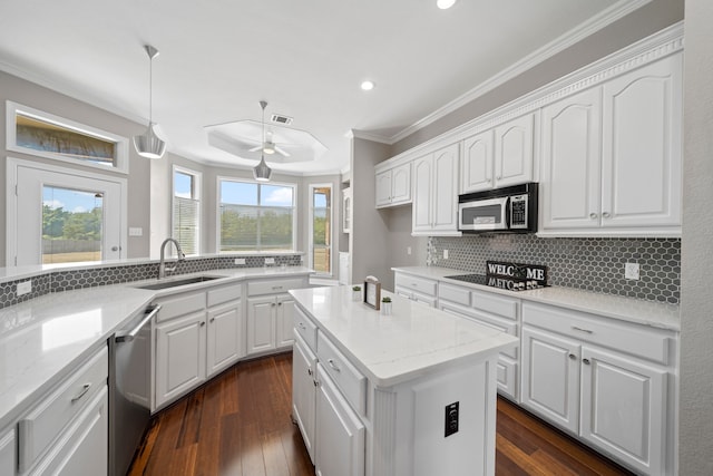 kitchen featuring white cabinetry, sink, ceiling fan, dark hardwood / wood-style floors, and appliances with stainless steel finishes