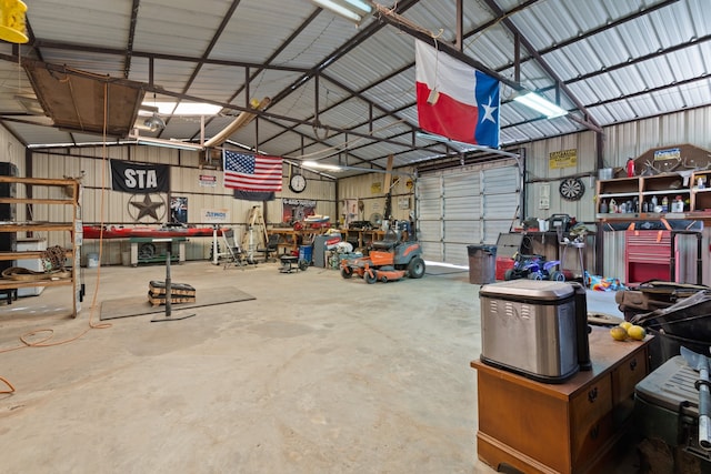 garage with a workshop area