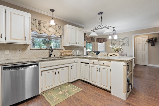 kitchen with sink, kitchen peninsula, dark hardwood / wood-style flooring, and dishwasher