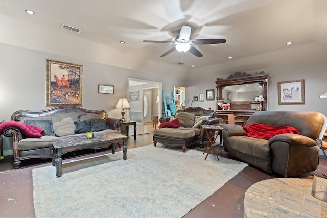 living room with ceiling fan and wood-type flooring