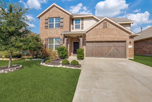 view of front of home with an attached garage, brick siding, concrete driveway, and a front yard