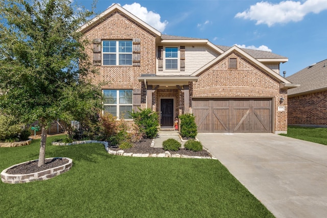 view of front facade with an attached garage, driveway, brick siding, and a front yard