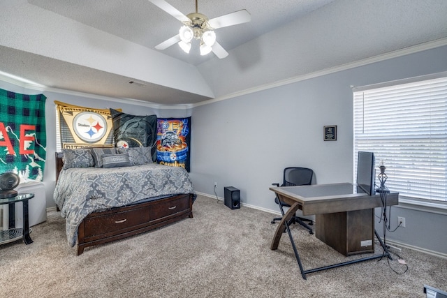 bedroom featuring multiple windows, ceiling fan, crown molding, and lofted ceiling