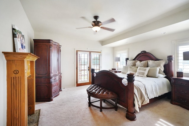 carpeted bedroom with access to exterior and ceiling fan