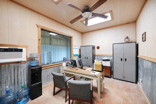 home office featuring a wall unit AC, wood ceiling, ceiling fan, and wood walls