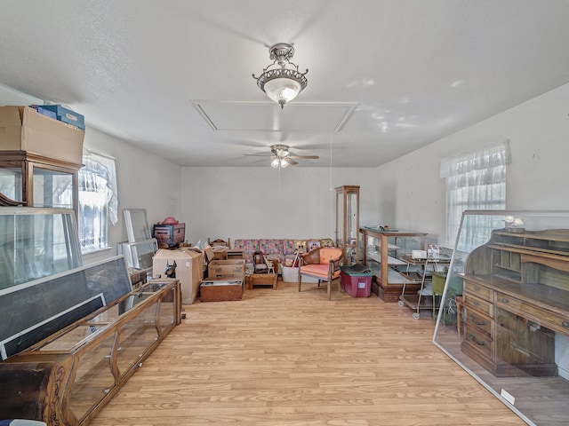 interior space with light hardwood / wood-style floors and ceiling fan