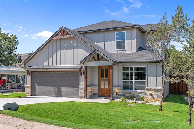 craftsman-style house with a garage and a front lawn