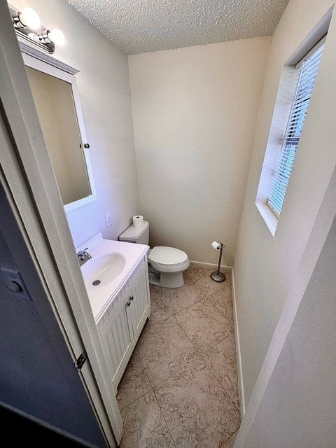 bathroom featuring vanity, a textured ceiling, and toilet