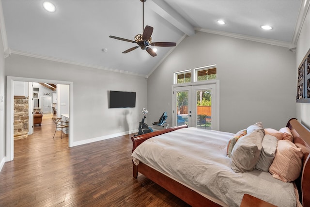 bedroom with hardwood / wood-style floors, beam ceiling, french doors, access to exterior, and ceiling fan