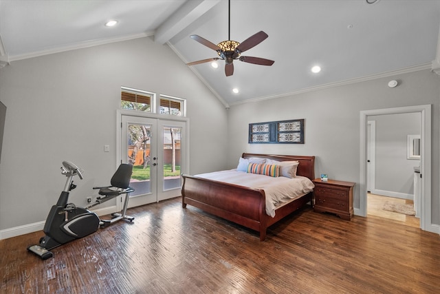 bedroom featuring hardwood / wood-style floors, beam ceiling, french doors, access to exterior, and ceiling fan