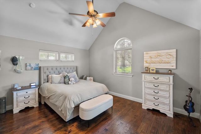 bedroom with ceiling fan, high vaulted ceiling, dark wood-type flooring, and multiple windows