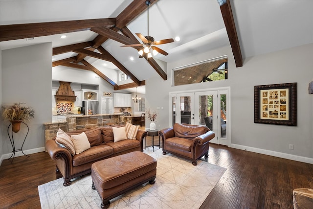 living room featuring beam ceiling, light hardwood / wood-style floors, french doors, high vaulted ceiling, and ceiling fan