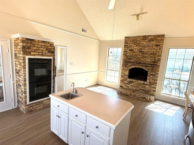 kitchen featuring dobule oven black, open floor plan, vaulted ceiling, a fireplace, and a sink