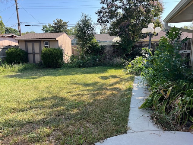 view of yard featuring a storage shed