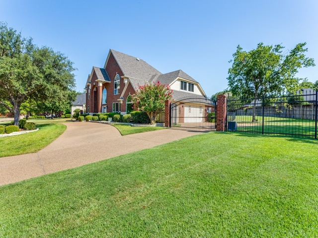 view of front of house with a garage and a front lawn